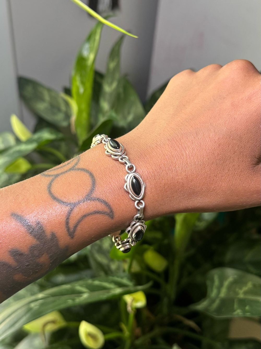 Vintage Sterling Silver Black Onyx Link Bracelet